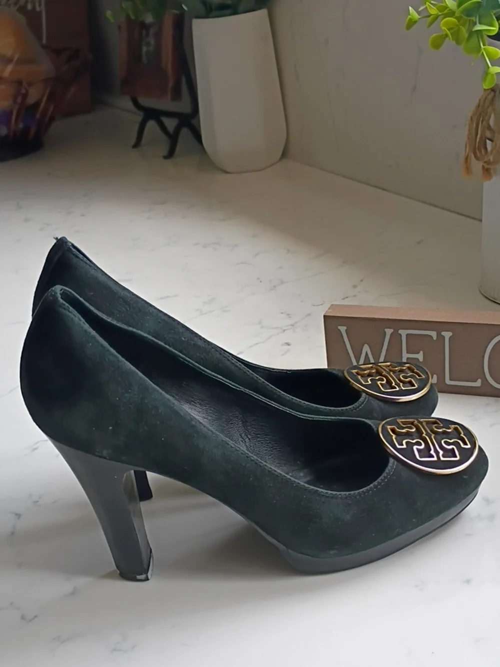 Tory Burch Women's Black Suede Round-Toe Heels with Gold Emblem